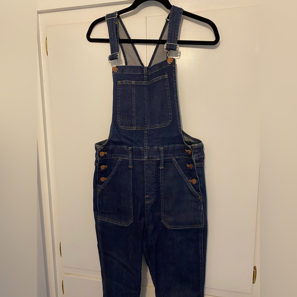 Madewell skinny dark wash denim overalls, size M
